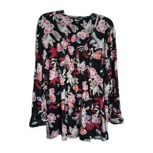 Women's Kim Rogers Black Floral Roll Tab Long Sleeve Tunic Top Size XL